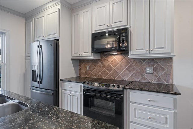 2260 Wood Falls Dr, Cumming, GA 30041 - kitchen with white cabinetry, black appliances, and tasteful backsplash