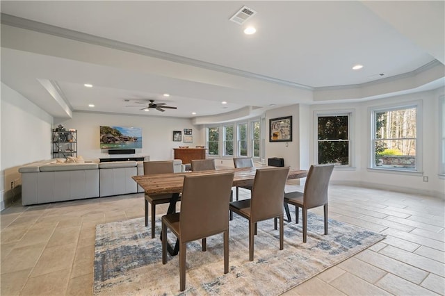 2260 Wood Falls Dr, Cumming, GA 30041 - dining room with visible vents, baseboards, ornamental molding, a tray ceiling, and recessed lighting