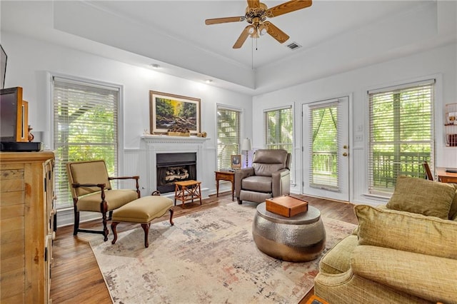 living area featuring a tray ceiling, a fireplace, a ceiling fan, and wood finished floors