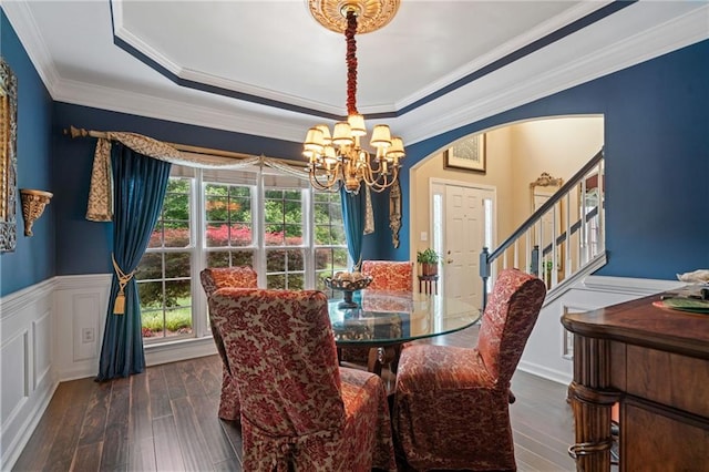 1360 Woodvine Way, Alpharetta, GA 30005 - dining room with a chandelier, hardwood / wood-style flooring, wainscoting, arched walkways, and ornamental molding