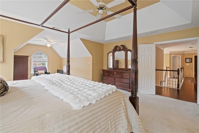 1360 Woodvine Way, Alpharetta, GA 30005 - bedroom featuring carpet floors, vaulted ceiling, and ceiling fan