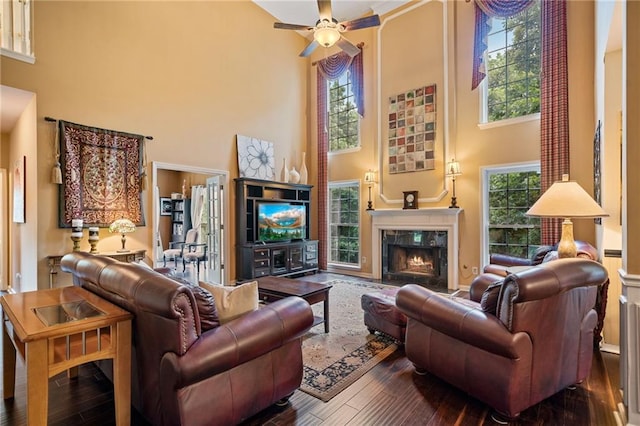 1360 Woodvine Way, Alpharetta, GA 30005 - living room featuring a high ceiling, a ceiling fan, hardwood / wood-style flooring, and a fireplace