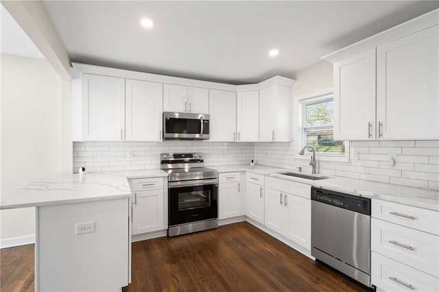 kitchen with a peninsula, dark wood-style flooring, stainless steel appliances, and a sink