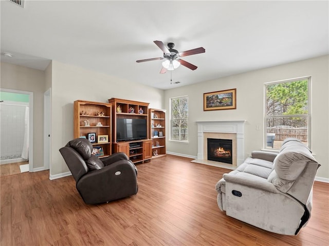 living room with a glass covered fireplace, wood finished floors, and a wealth of natural light