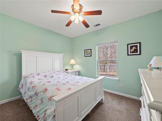 bedroom with a ceiling fan, dark colored carpet, visible vents, and baseboards