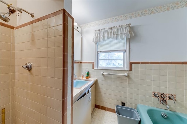 full bathroom featuring toilet, tile walls, vanity, and plus walk in shower