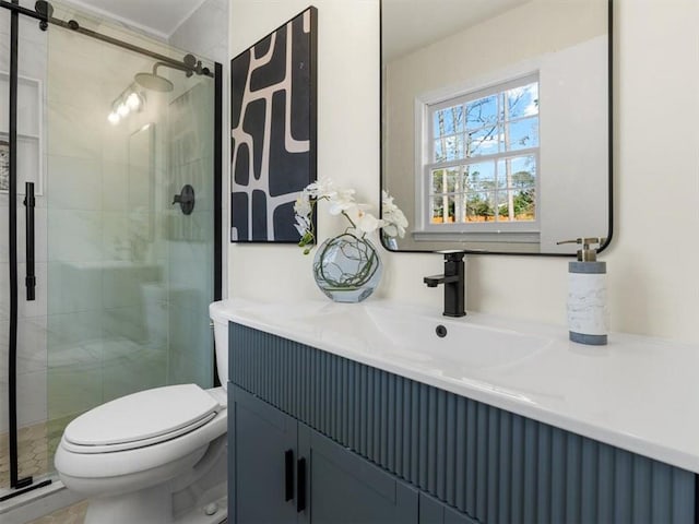 full bathroom featuring a shower stall, toilet, and vanity