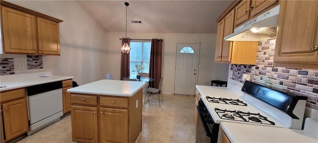 2703 Hillvale Cove Dr, Lithonia, GA 30058 - kitchen with white appliances, under cabinet range hood, decorative backsplash, and a kitchen island