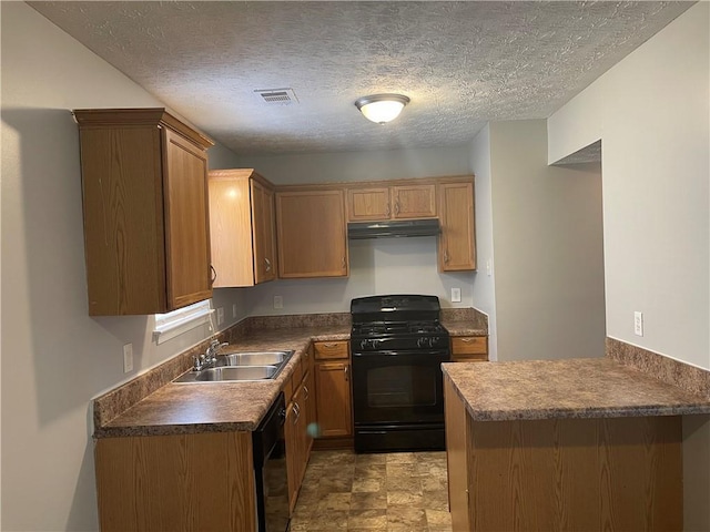 1374 To Lani Farm Rd, Stone Mountain, GA 30083 - kitchen with a peninsula, dark countertops, under cabinet range hood, a sink, and black appliances