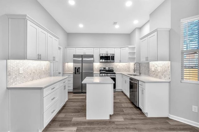 kitchen featuring a sink, stainless steel appliances, dark wood-type flooring, and open shelves