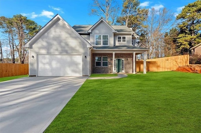 view of front facade featuring brick siding, concrete driveway, fence, a garage, and a front lawn