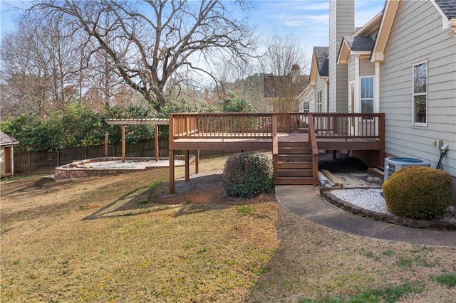 view of yard featuring central AC unit, a fenced backyard, and a wooden deck