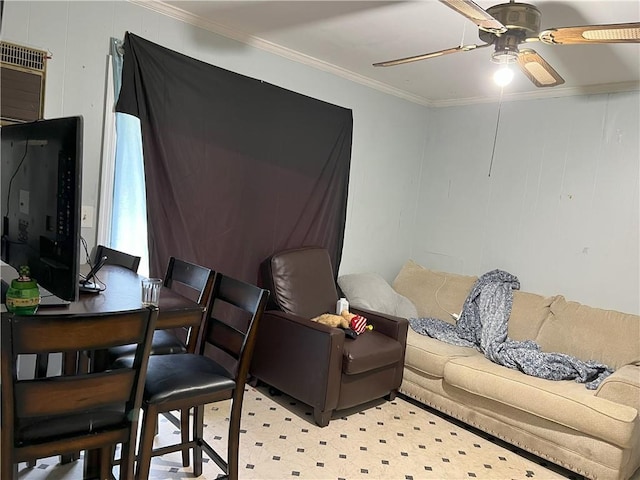 6192 Meadowbrook Dr, Norcross, GA 30093 - living area with light floors, a ceiling fan, and ornamental molding
