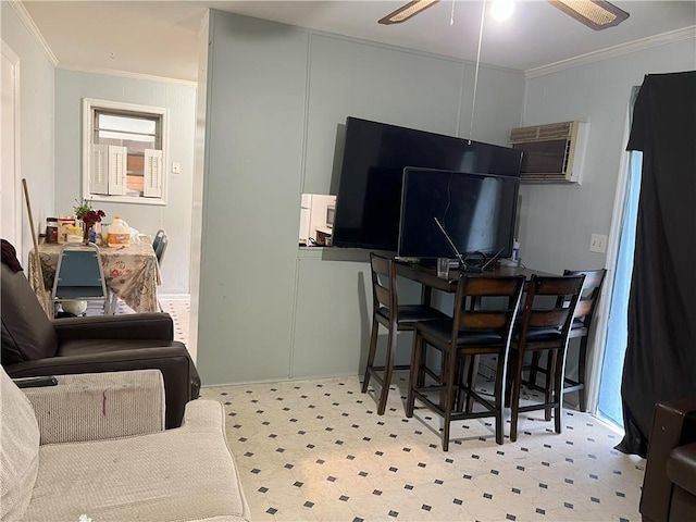 6192 Meadowbrook Dr, Norcross, GA 30093 - dining area featuring ornamental molding, a ceiling fan, tile patterned floors, and a wall unit AC