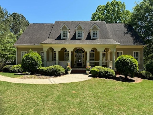 cape cod-style house featuring a front lawn and a porch