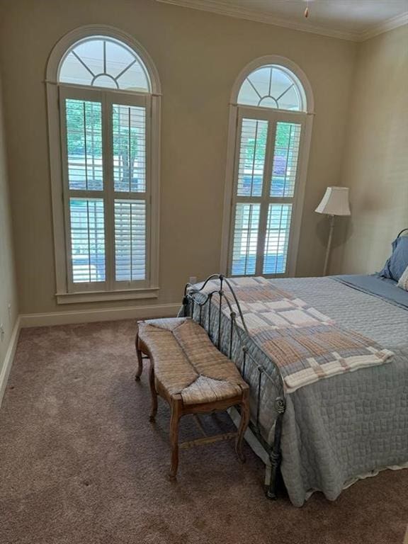 bedroom featuring carpet floors, ornamental molding, and multiple windows