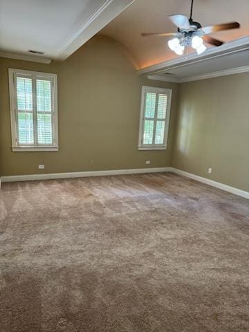 spare room with carpet flooring, ceiling fan, and ornamental molding