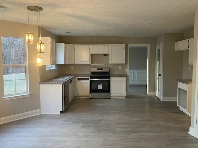 kitchen with white cabinets, decorative light fixtures, wood finished floors, and stainless steel appliances