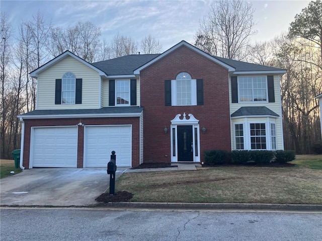 view of front of property with aphalt driveway, roof with shingles, a front yard, a garage, and brick siding