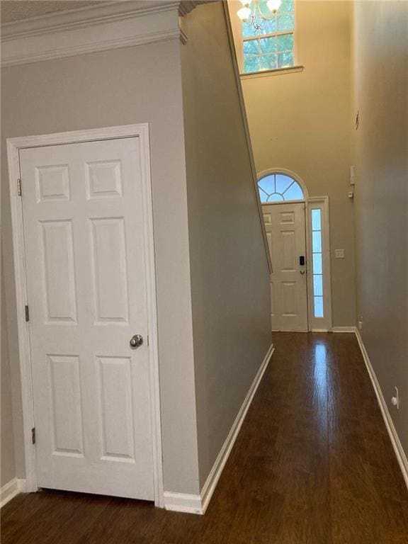 foyer entrance featuring dark hardwood / wood-style flooring and an inviting chandelier