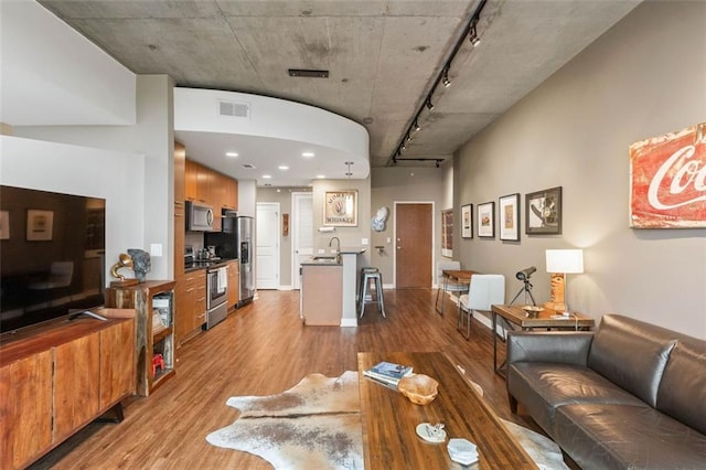 living room featuring sink, track lighting, and light hardwood / wood-style flooring