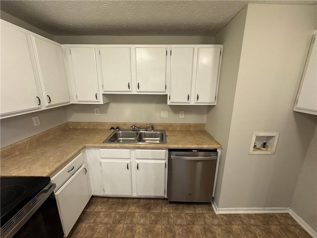 kitchen featuring dishwasher, white cabinets, black range, sink, and a textured ceiling