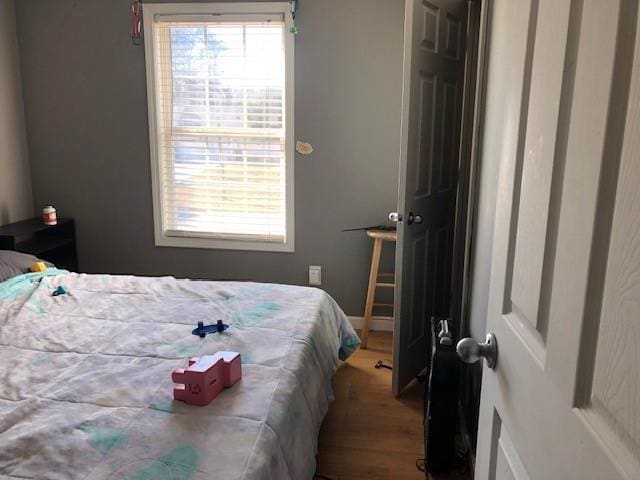 bedroom with wood-type flooring and multiple windows