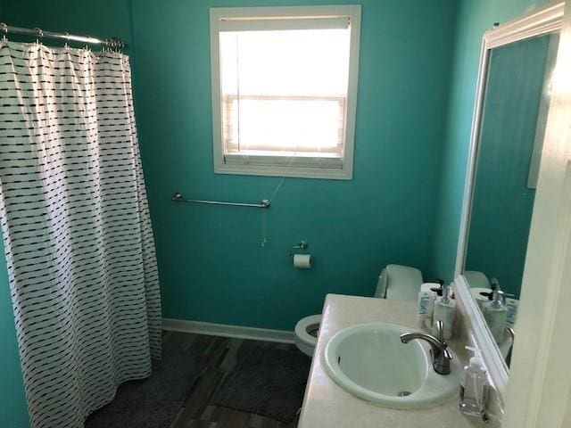 bathroom featuring toilet, curtained shower, and sink