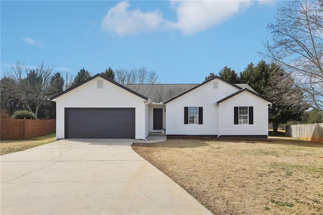 single story home featuring a garage and a front lawn