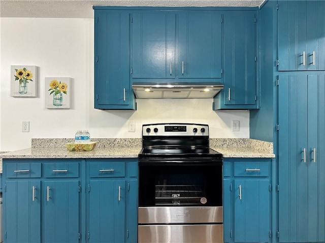 kitchen with stainless steel electric stove and blue cabinets