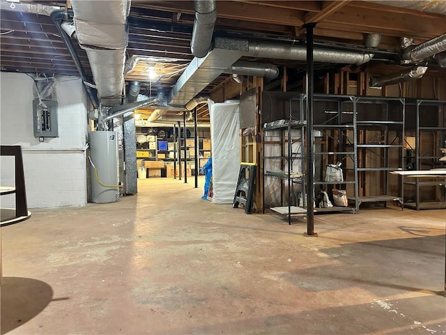 basement with electric panel and water heater