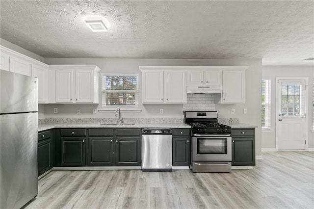 kitchen featuring stainless steel appliances, a sink, under cabinet range hood, light wood-type flooring, and a textured ceiling