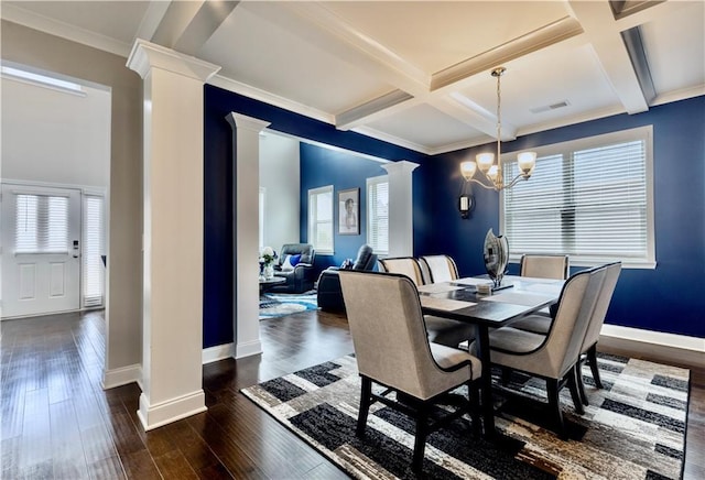133 Canal St, Hampton, GA 30228 - dining area featuring ornate columns, baseboards, a chandelier, coffered ceiling, and beam ceiling