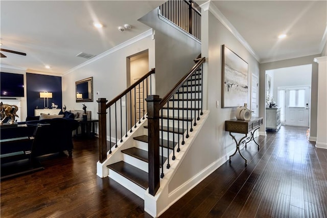133 Canal St, Hampton, GA 30228 - staircase featuring ceiling fan, hardwood / wood-style flooring, baseboards, ornamental molding, and recessed lighting