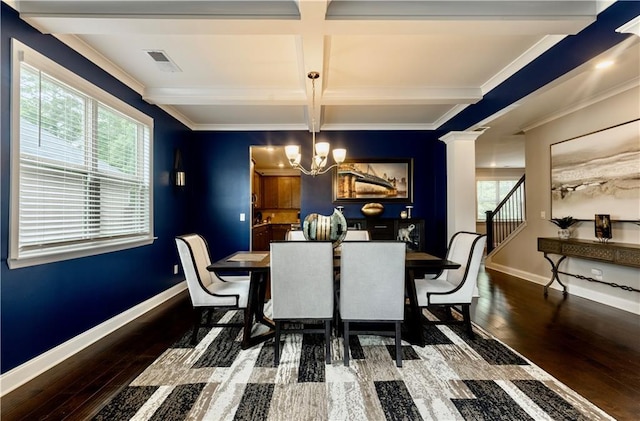 133 Canal St, Hampton, GA 30228 - dining area with wood finished floors, baseboards, a chandelier, beamed ceiling, and coffered ceiling
