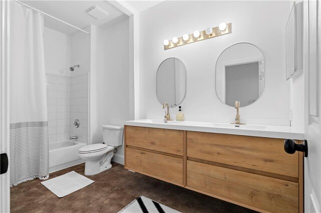 108 Vinings Forest Cir SE, Smyrna, GA 30080 - bathroom with toilet, double vanity, shower / bath combination with curtain, and concrete floors