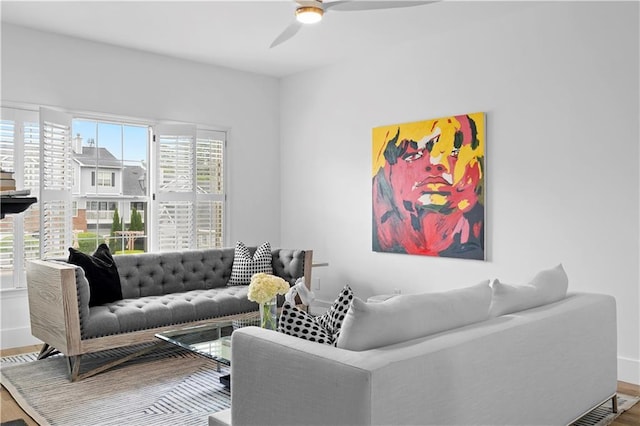 108 Vinings Forest Cir SE, Smyrna, GA 30080 - living room featuring wood finished floors, ceiling fan, and baseboards