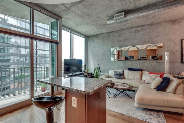 interior space with stone countertops, expansive windows, open floor plan, and light wood finished floors