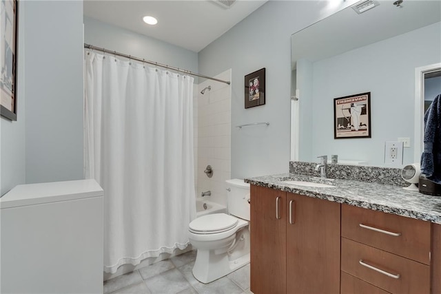 bathroom with visible vents, toilet, tile patterned floors, shower / bath combination with curtain, and vanity