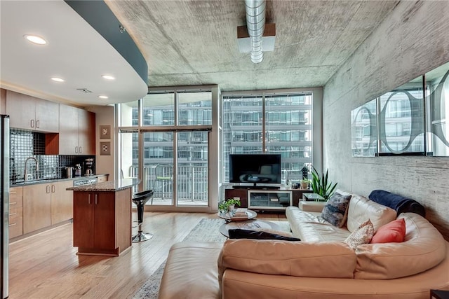 living room featuring light wood-style floors, plenty of natural light, and a wall of windows