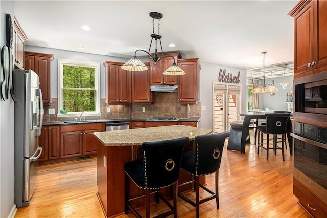 kitchen featuring light wood-style floors, tasteful backsplash, under cabinet range hood, a sink, and stainless steel appliances