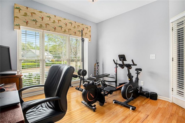 workout room with baseboards and hardwood / wood-style floors