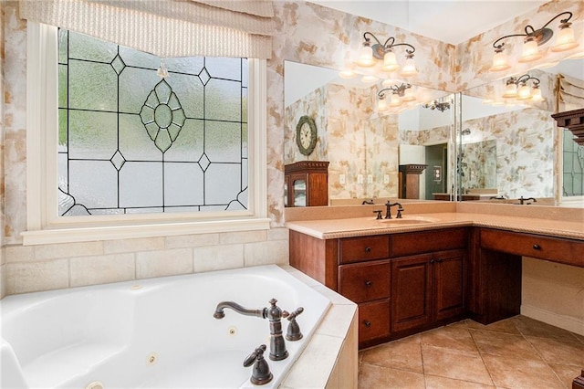 full bath with wallpapered walls, a jetted tub, vanity, and tile patterned flooring
