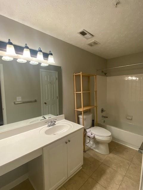 full bathroom featuring visible vents, a textured ceiling, vanity, and toilet