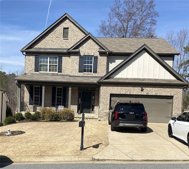 view of front of home featuring a garage, covered porch, brick siding, and concrete driveway