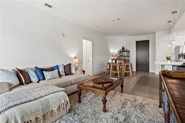 living room with dark hardwood / wood-style flooring