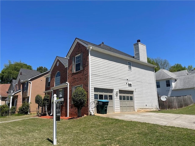 view of property exterior with a chimney, driveway, an attached garage, brick siding, and a lawn