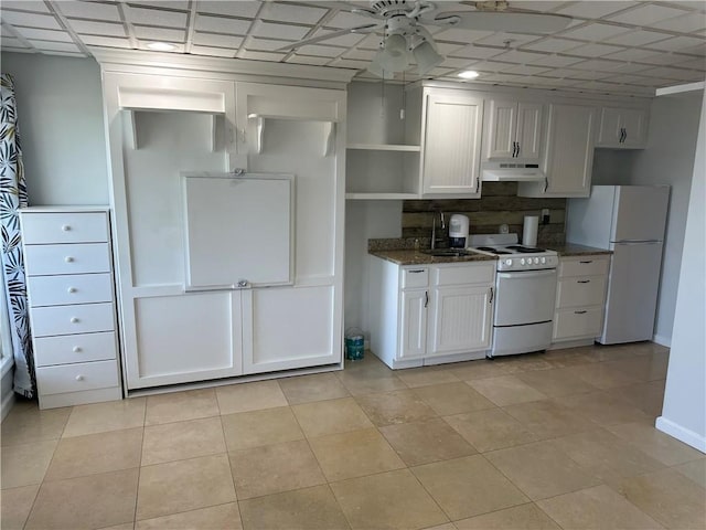 kitchen with open shelves, decorative backsplash, white cabinetry, white appliances, and under cabinet range hood