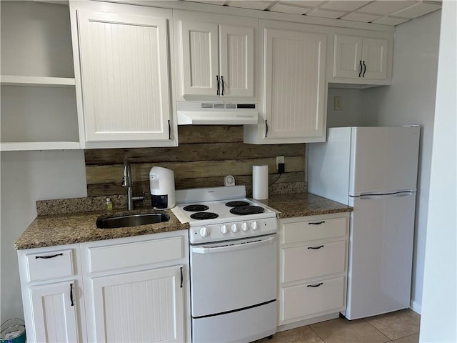 kitchen with open shelves, light tile patterned floors, a sink, white appliances, and under cabinet range hood