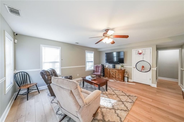 living room featuring ceiling fan and light hardwood / wood-style floors